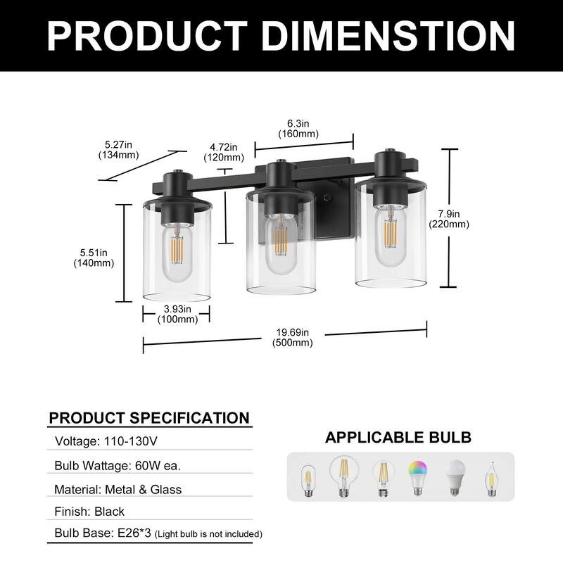3 Light Vanity Lights, Black and Gold Wall Sconce Light with Clear Glass, Bathroom Light Fixtures