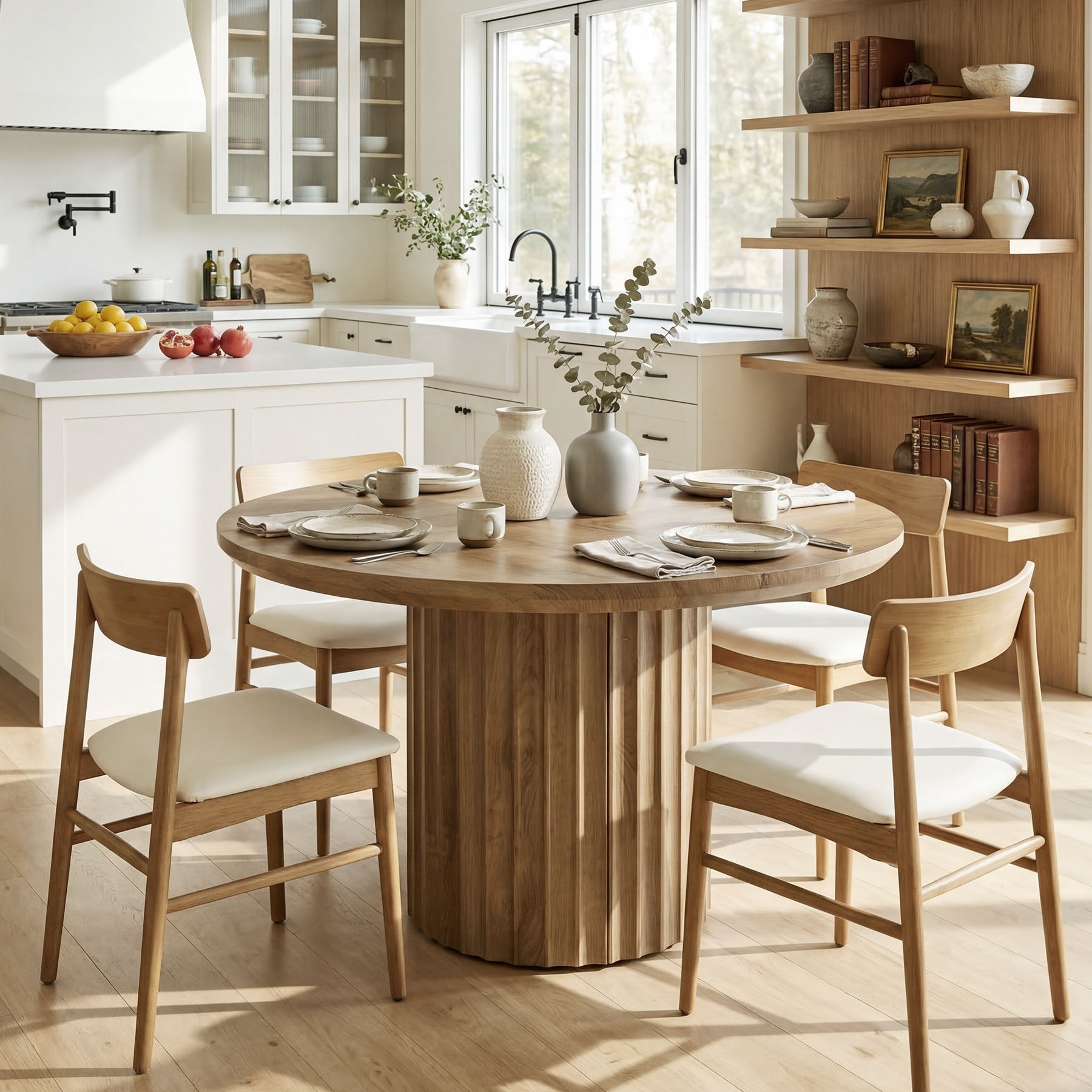 47.24-Inch Farmhouse Round Dining Table for 4-6 with Thick Top and Fluted Pedestal Base - 47.24" W × 47.24" D × 29.92" H