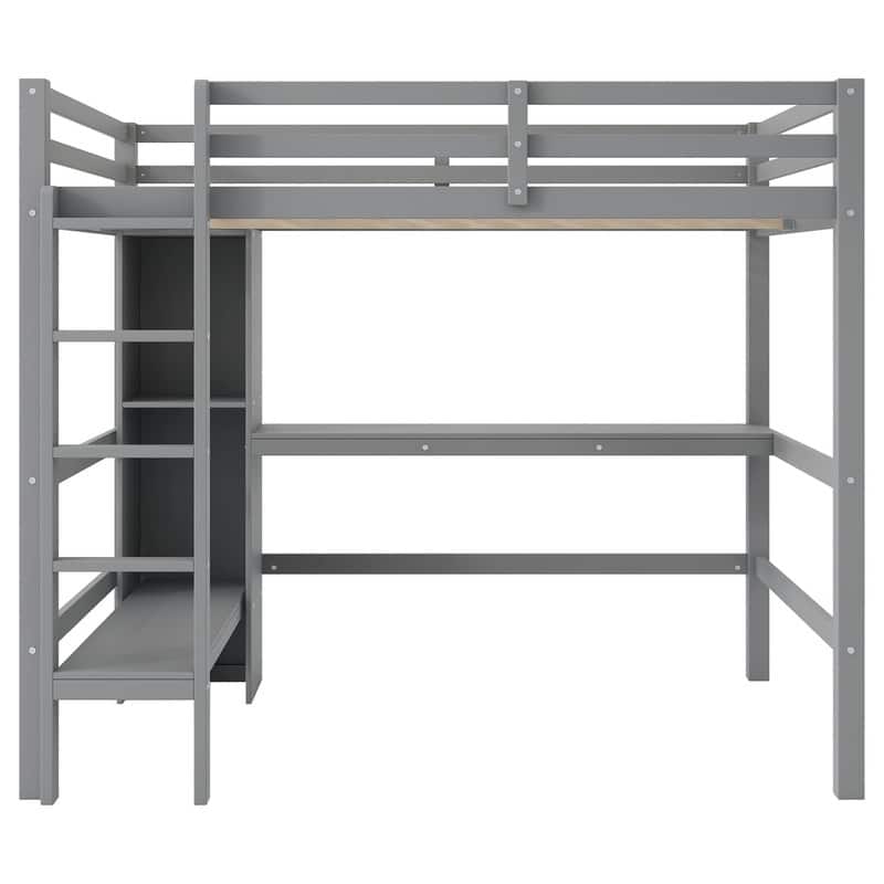 Full Size Loft Bed with Multi-Use Shelving & Underbed Study Desk ，Space-Saving College Dorm Bed with Storage Shelves