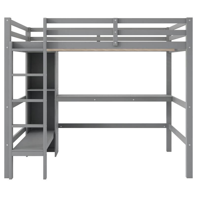 Full Size Loft Bed with Multifunction Shelves and Under-bed Desk