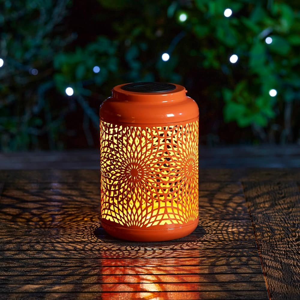 Glitzhome 8.75"H Outdoor Waterproof Metal Solar Hanging Lantern with Flower Leaves Decor