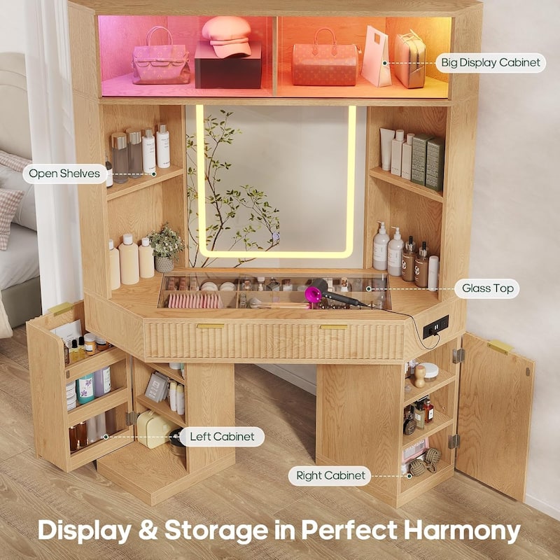 Corner Vanity Desk with Lighted Mirror Drawers Shelves Storage Stool