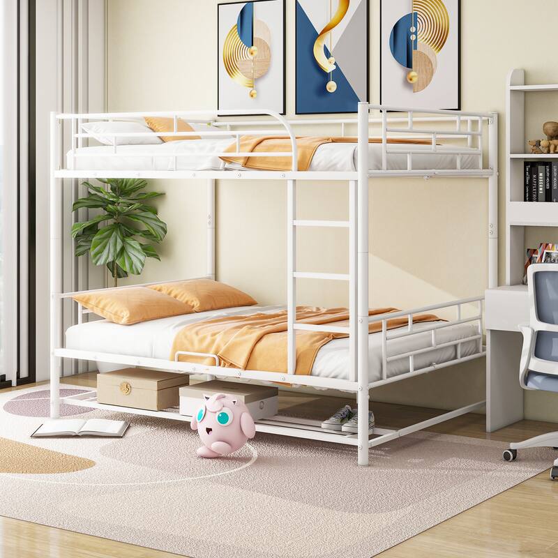 Full Over Full Metal Bunk Bed with Storage Shelf and Convertible Design - White