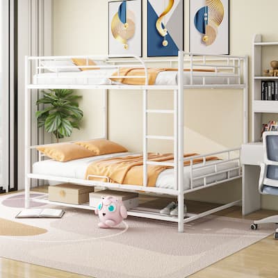 Metal Bunk Bed with Bottom Shelf and Full-Length Guardrails, Converts to Two Beds