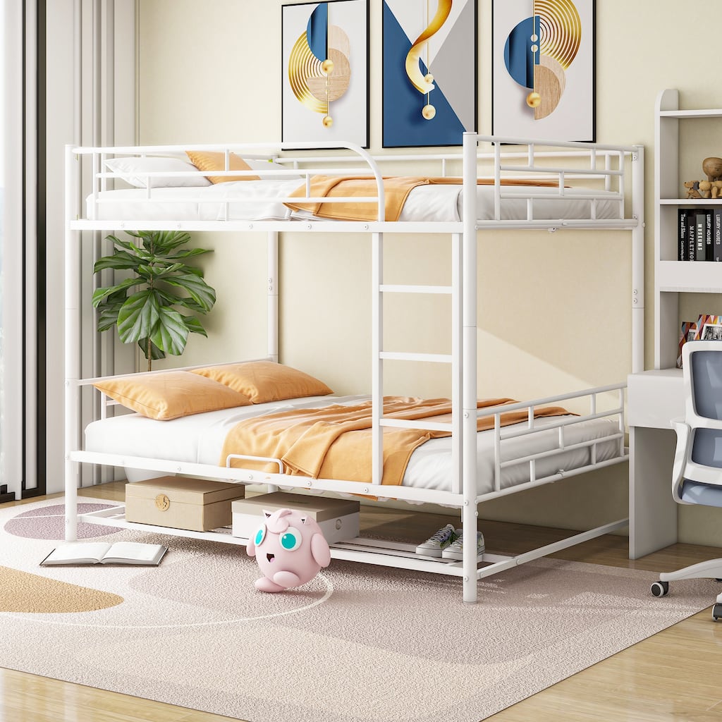 Metal Bunk Bed with Bottom Shelf and Full-Length Guardrails, Converts to Two Beds