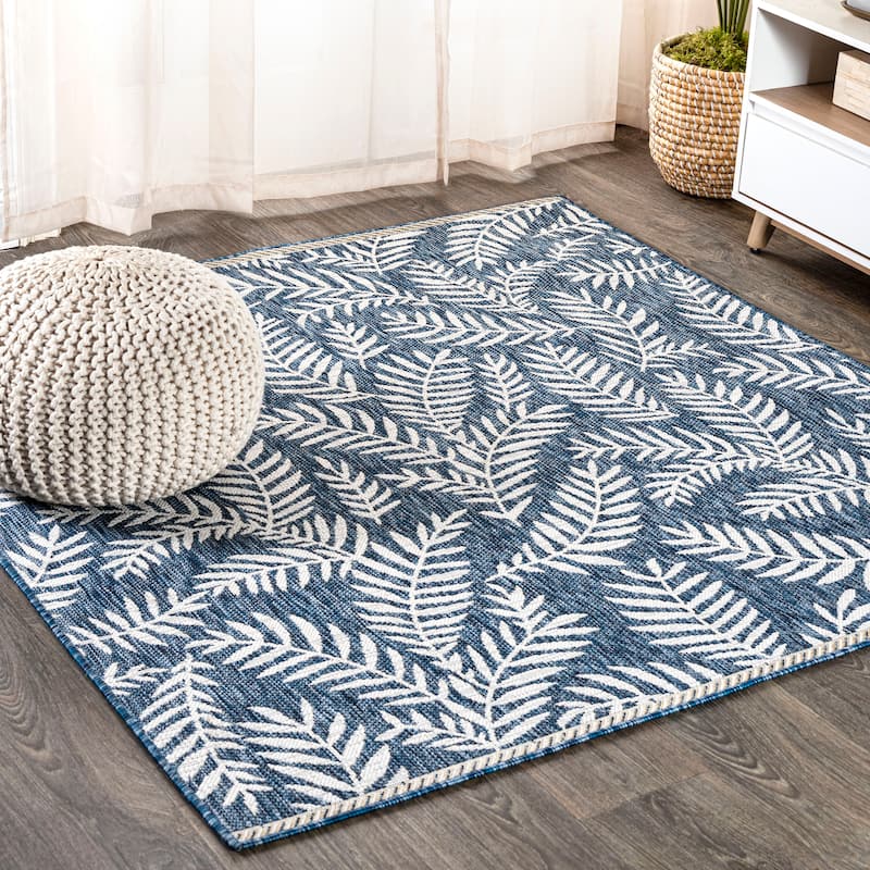JONATHAN Y Galon Palm Frond Indoor/Outdoor Area Rug - 6' Square - Navy/Ivory