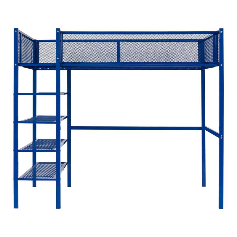 Metal Loft Bed with 4-Tier Shelves and Storage
