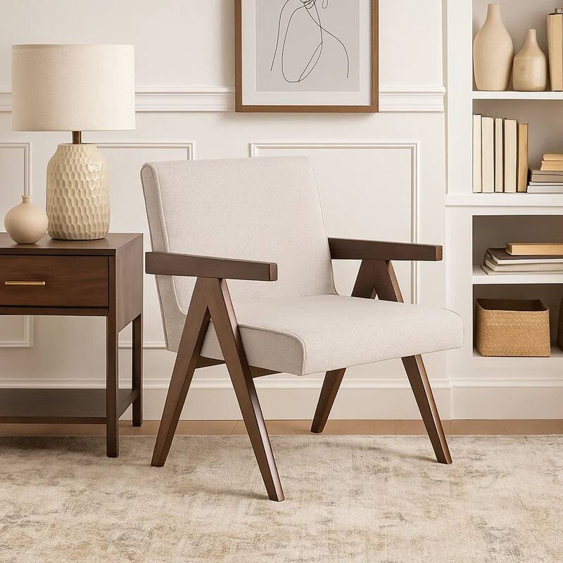 Cid Jose Accent Chair Set of 2, Beige Polyester, Walnut Brown Wood