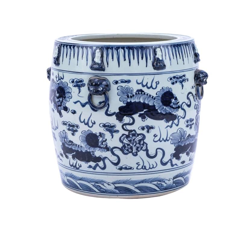 Blue & White Lion Drum Shaped Planter