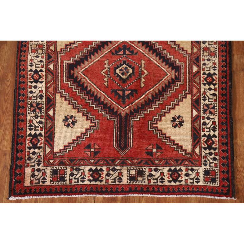 Geometric Red Ardebil Persian Vintage Runner Rug Handmade Wool Carpet - 3'6"x 10'7"
