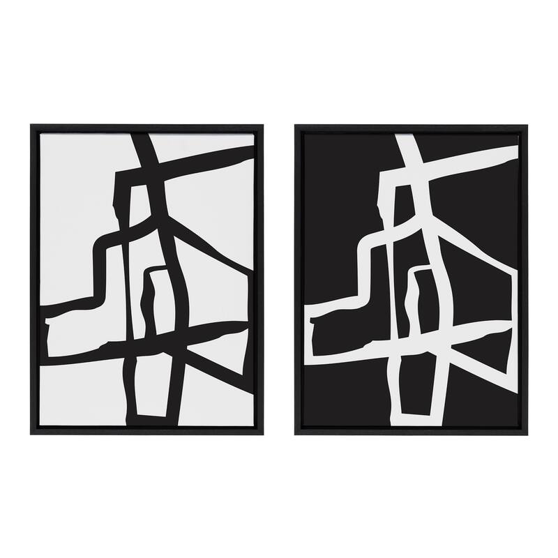 Kate and Laurel Sylvie Bold Sophisticated Abstract Black and White Stroke Framed Canvas Art Set by The Creative Bunch Studio