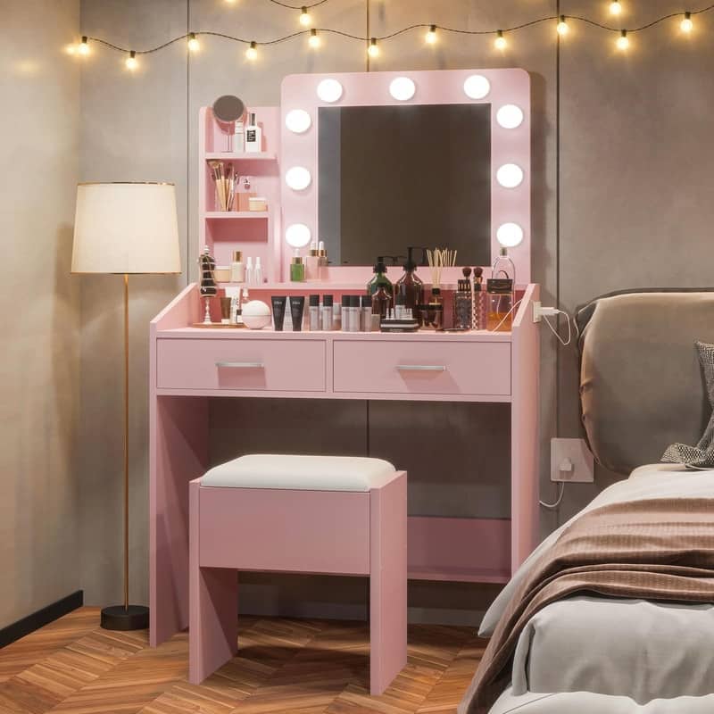 Makeup Vanity Desk with Mirror and Stool, Charging Station, 2 Drawers, 3 Shelves