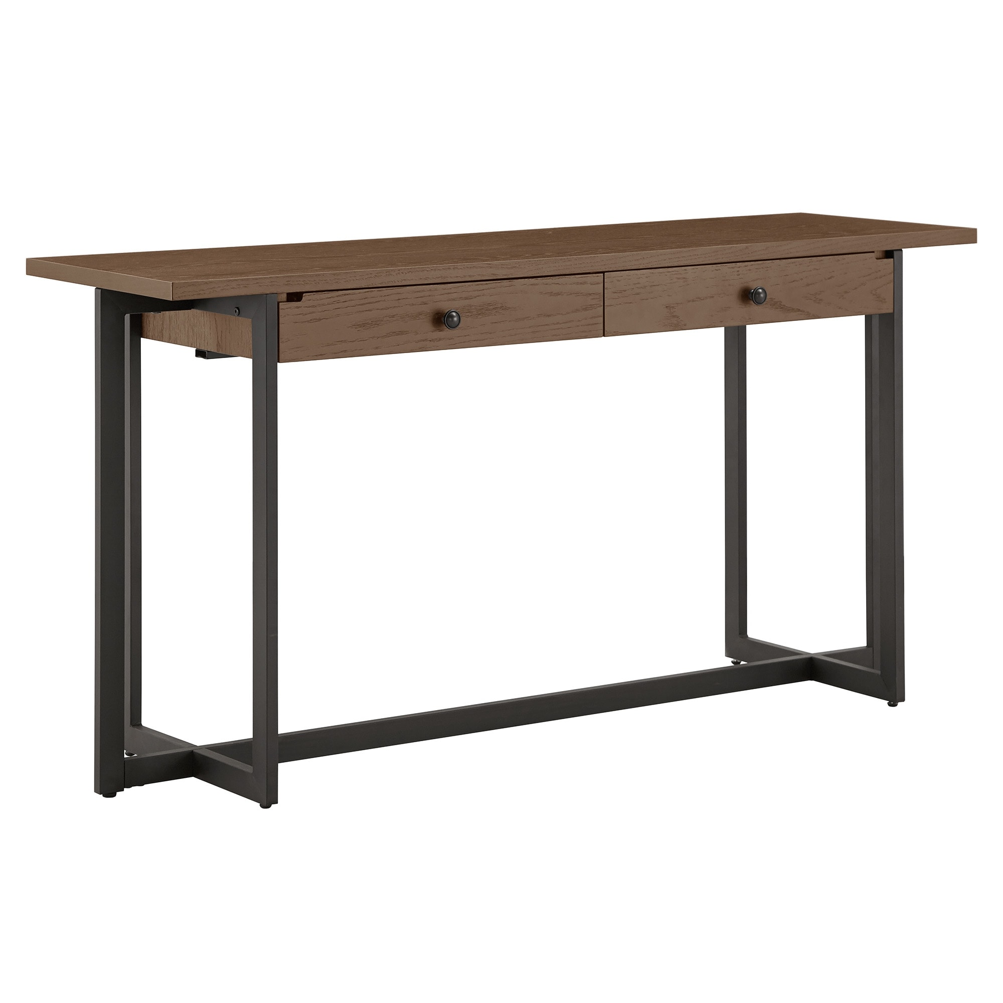 A long wooden desk with two drawers and a metal frame in a brown and black finish.