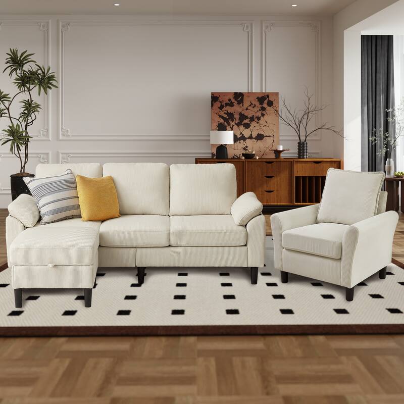 3 Pieces Corduroy Living Room Set with Sectional Sofa, Ottoman and Chair - Beige
