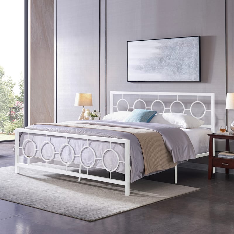 Roomfitters King Size Metal Platform Bed Frame with Headboard and Footboard, Modern Circle Design, White - White