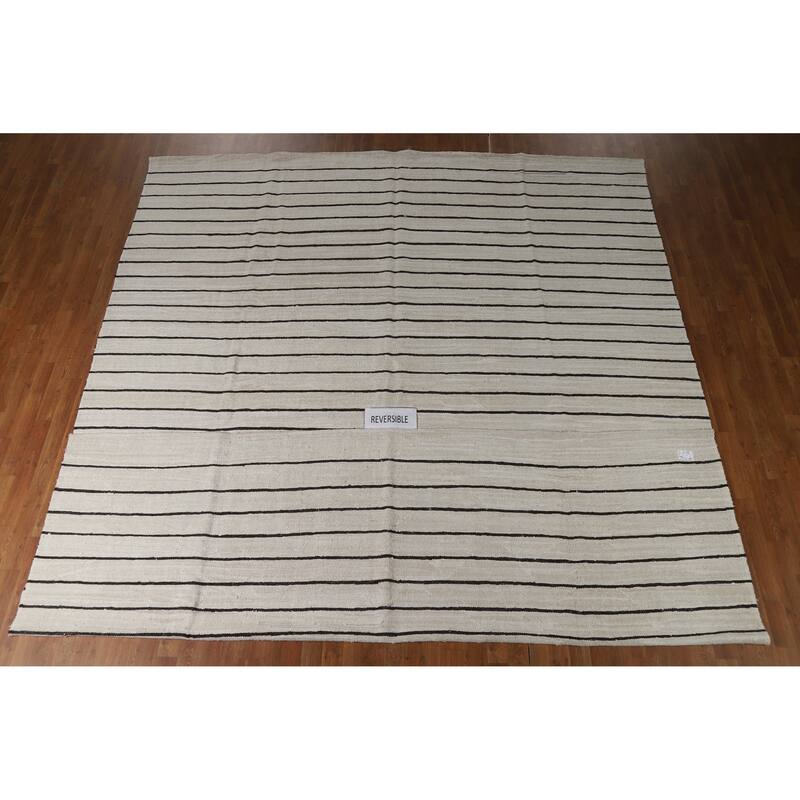 Hand Woven Oriental Cotton Carpet Modern All-Over Beige & Ivories Kilim Area Rug - 13' 3'' X 10' 1''