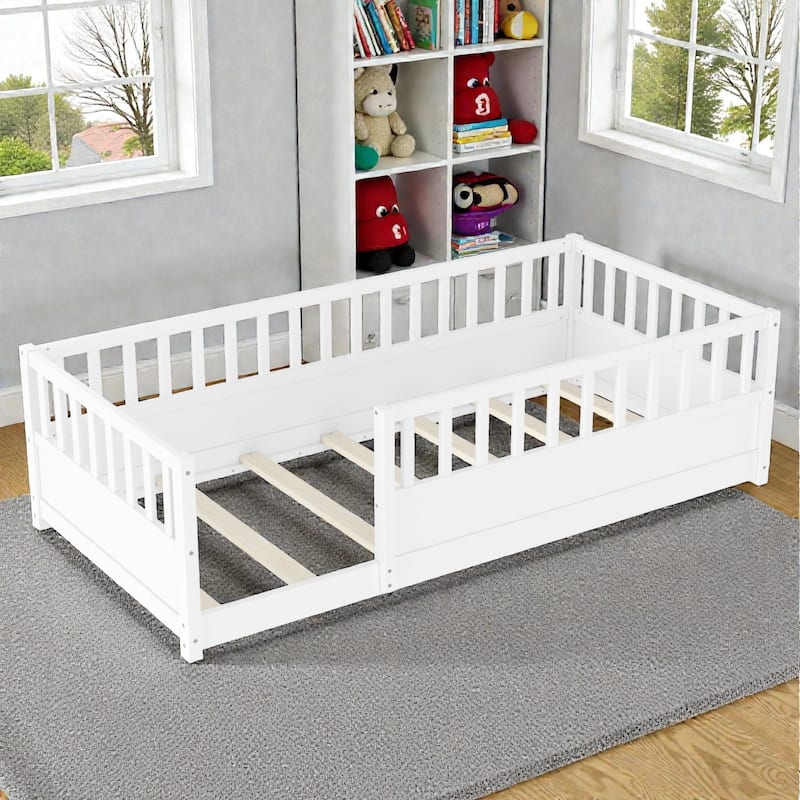 Montessori Wooden Floor Bed with High Safety Fence and Door, Pine Kids Floor Bed Frame for Boys and Girls