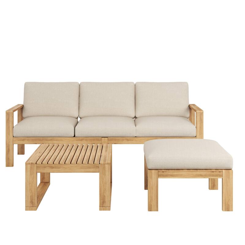 Outdoor 3 Piece Acacia Wood Patio Conversation Set for 4 People, L Shaped Deep Seat Sectional Sofa with Coffee Table and Ottoman - Light Gray,Teak