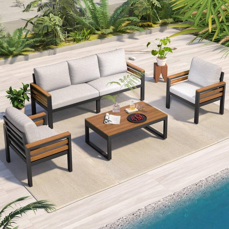 5-Person Outdoor Sofa Set with Acacia Wood Armrests and Removable Cushions - Black/Beige