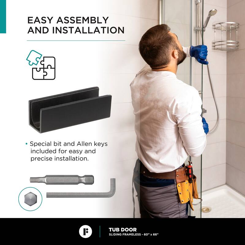 Fine Fixtures Tub Door Sliding Frameless Tempered Glass