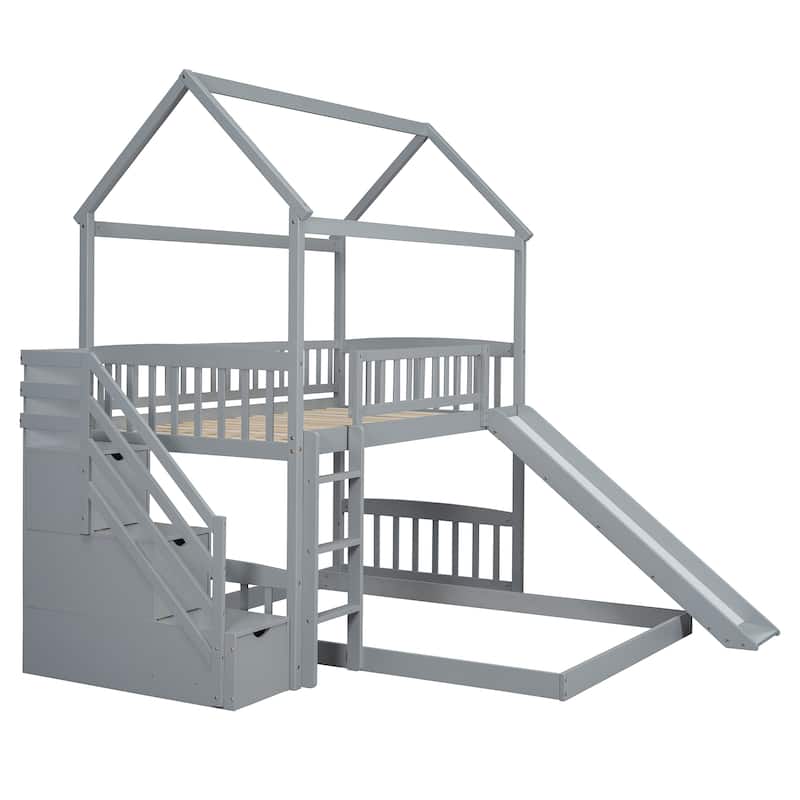 Twin Over Full Bunk Bed House Bed with Slide and Storage