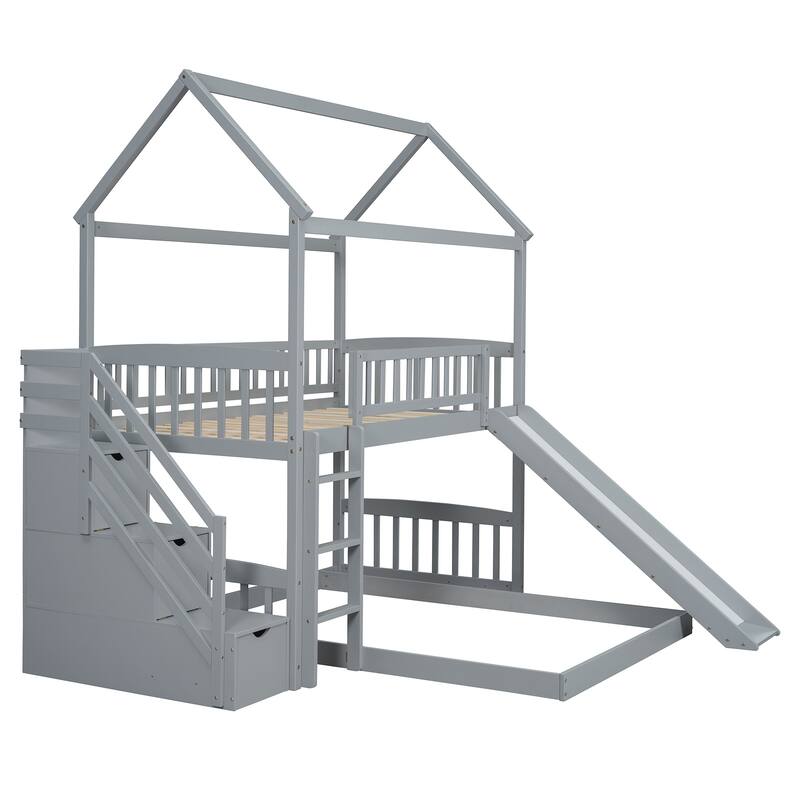 Twin Over Full Bunk Bed with Slide and Storage, Gray