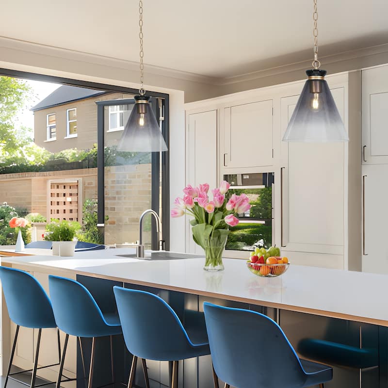 Modern Coastal Style 1-Light Large Pendant Light Fixture with Gradient Smoky Gray Semi-Transparent Glass for Dining Room