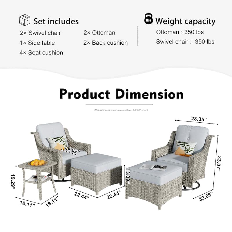 HOOOWOOO 5-piece Rattan Outdoor Furniture Patio Swivel Chair Chat Set with Ottoman
