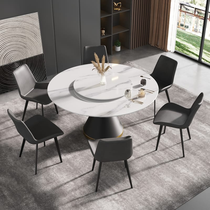 59'' Round Marble Dining Table with Solid Wood Pedestal
