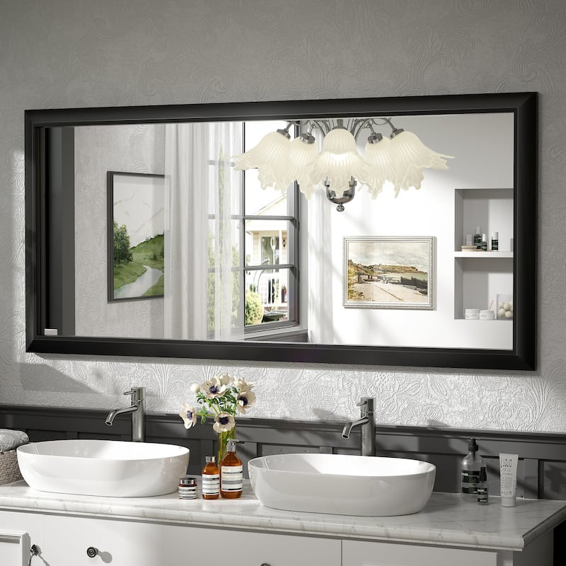 Beveled Metal Rectangle Framed Bathroom Vanity Tempered Glass Mirrors - 60" x 28" - Black