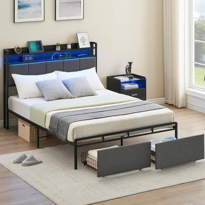 Bed Frame with Headboard and Storage Drawers