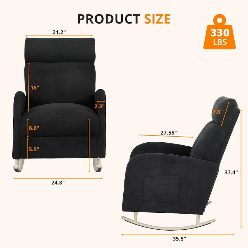 Chenille Nursery Armchair Rocking Chair Set of 1 with Metal Legs with Side Pocket for Living Room