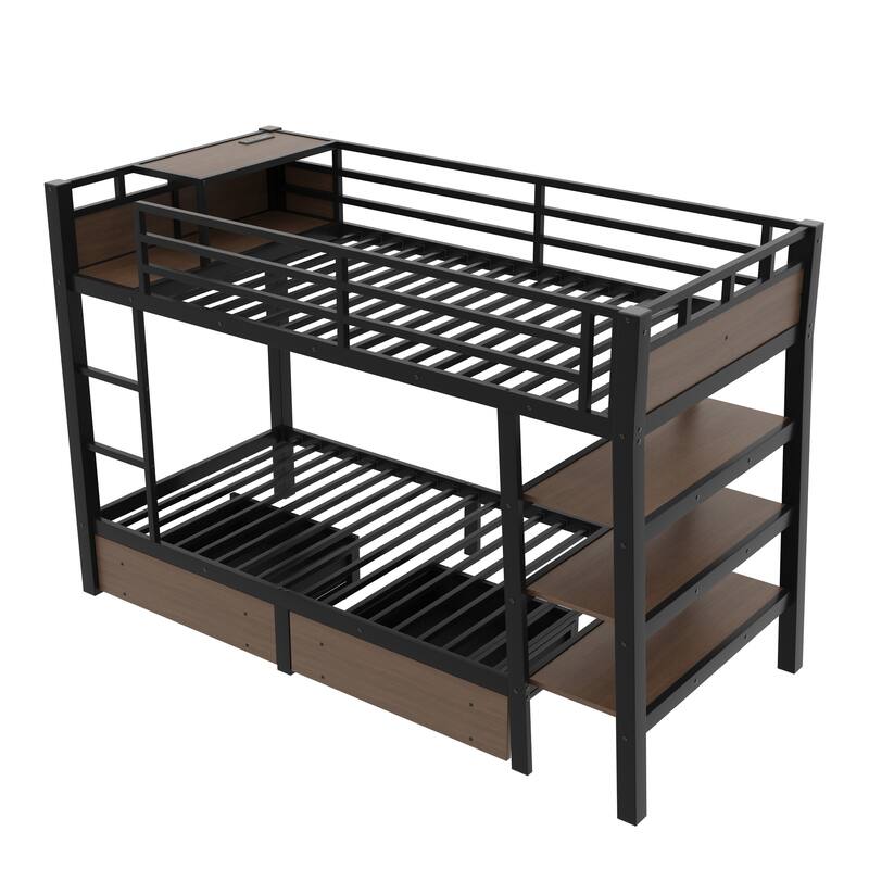 Twin Size Metal Bunk Bed with Storage Shelves, LED light strip, and USB power strip, black
