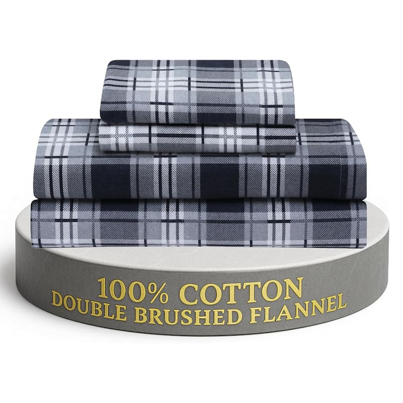 Feather & Stitch Cotton Flannel Sheets Set 4 Piece Bed Sheets Heavy Weight Bedding - Twin - Grey Plaid