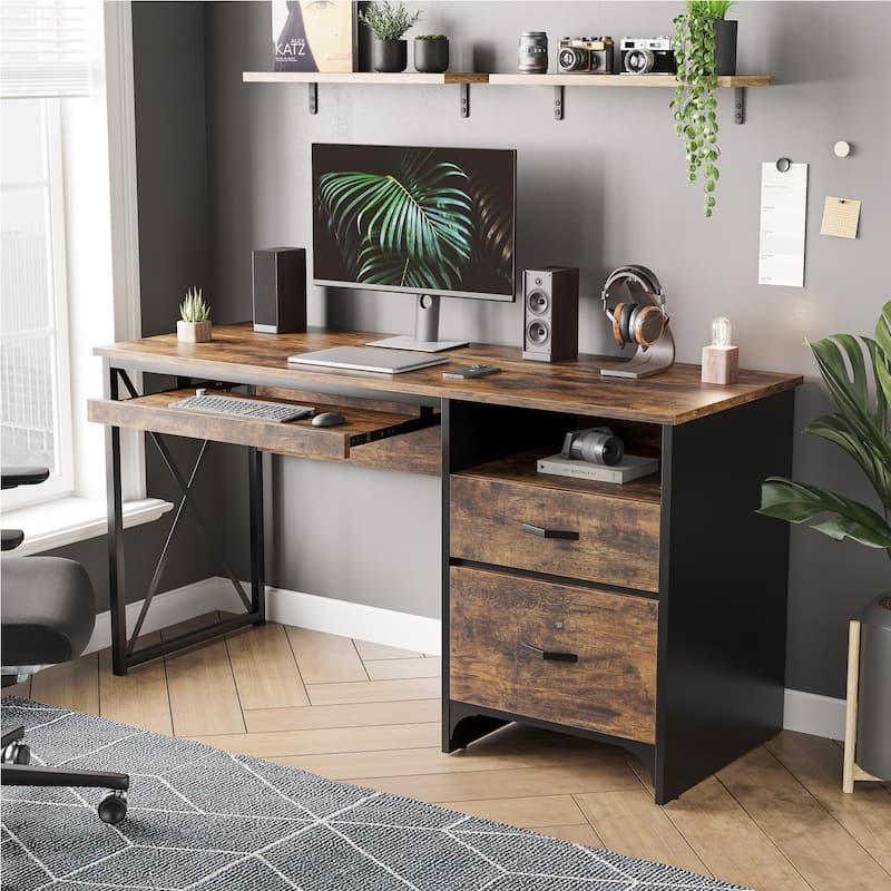 55 inch Computer Desk with Keyboard Tray and Storage Drawers - Rustic Brown