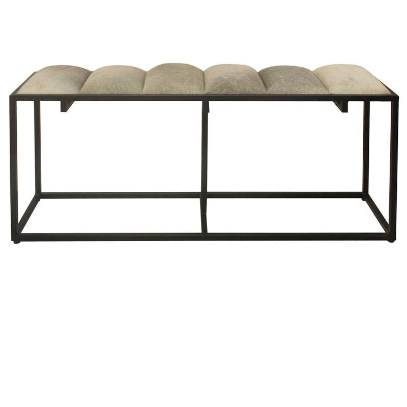 Verga 50"W Black Iron, Grey Faux Hair & Leather Patch Bench - 50 x 14 x 22"
