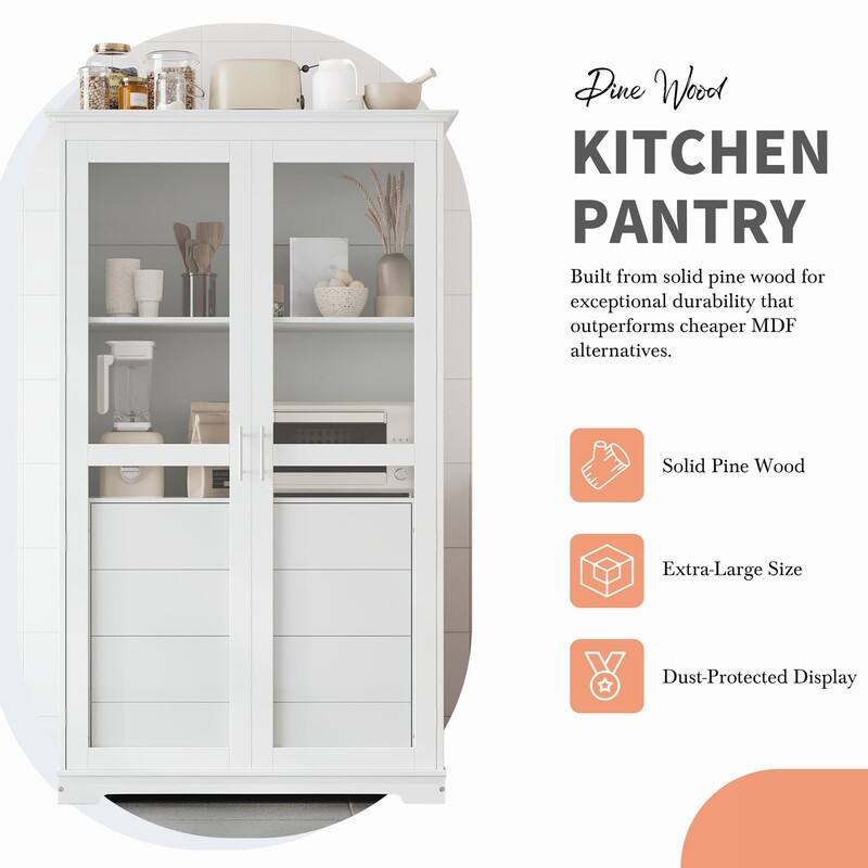 75" Tall Pine Wood Kitchen Pantry Cabinet with Glass Doors Four Drawers and Anti-Tipping Safety Features