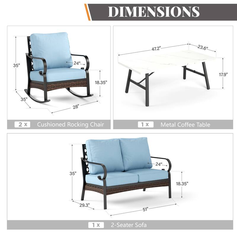 MAISON ARTS 4-Seat Patio Conversation Sets with 2 Rocking Sofa Chairs, 1 Loveseat Sofa and 1 Coffee Table