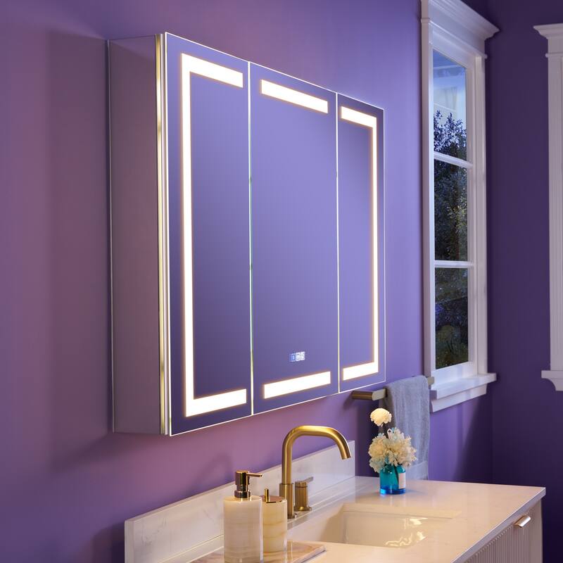 30" H Recessed or Surface LED Mirror Cabinet with Adjustable Glass Shelves,Defogger, Dimmer And Outlets & USB Ports