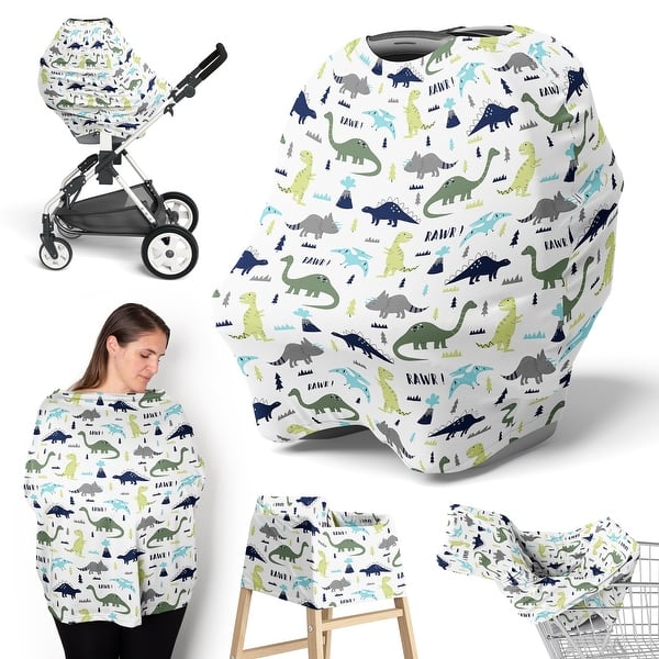 slide 1 of 1, Sweet Jojo Designs Blue Green Dinosaur Boy 5 in 1 Baby Car Seat Nursing Cover Turquoise Green Modern Boho White Mod Dinosaurs