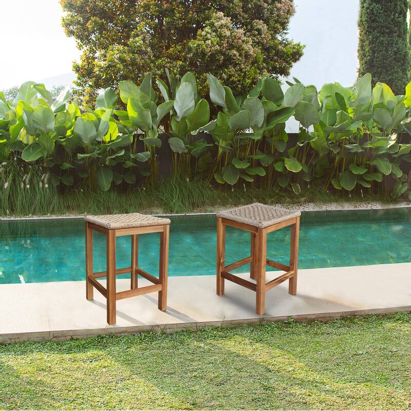 Outdoor Set of Two Stools with Wicker Seats