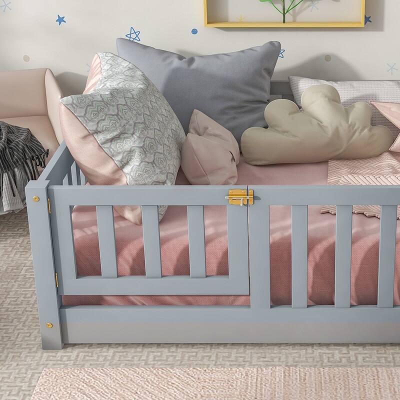 Twin Size Wood Floor Bed with Fence and Door, Safety Guardrails