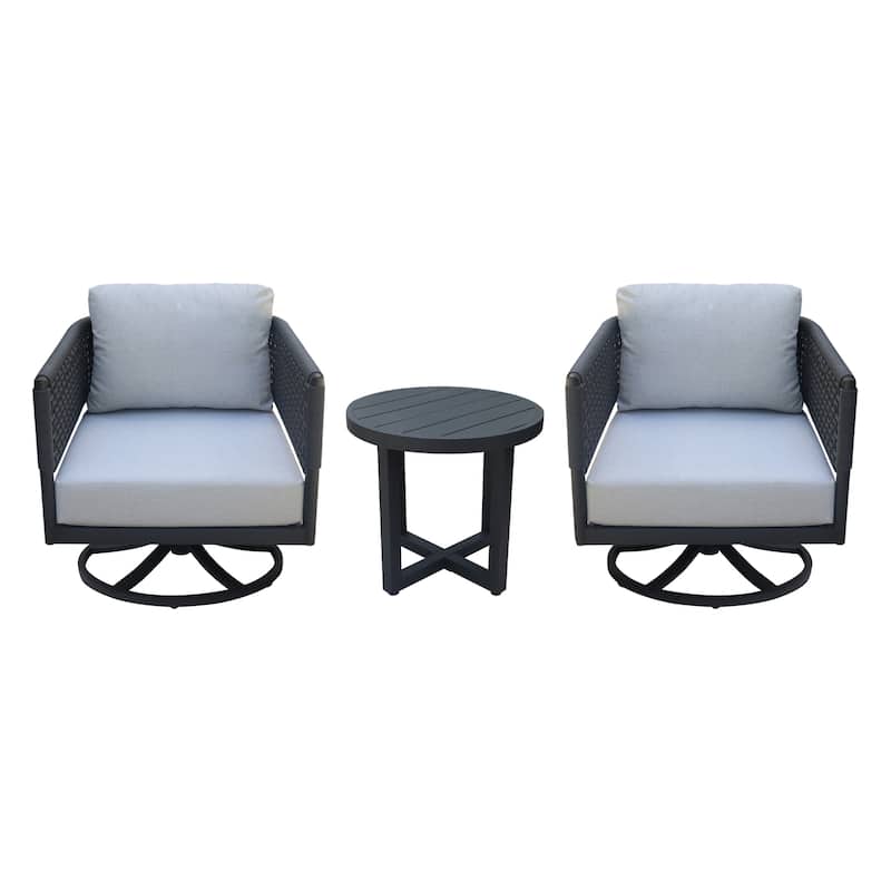 Outdoor 3 Piece Woven Abaca Rope Patio Furniture Set with an End Table and 2 Swivel Rocking Chairs