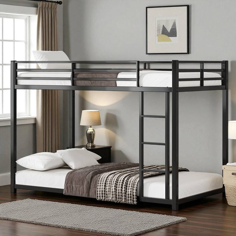 Twin Over Twin Metal Bunk Bed with Ladder, Low Profile Steel Frame, Guardrails, 250lb Upper & 350lb Lower Capacity