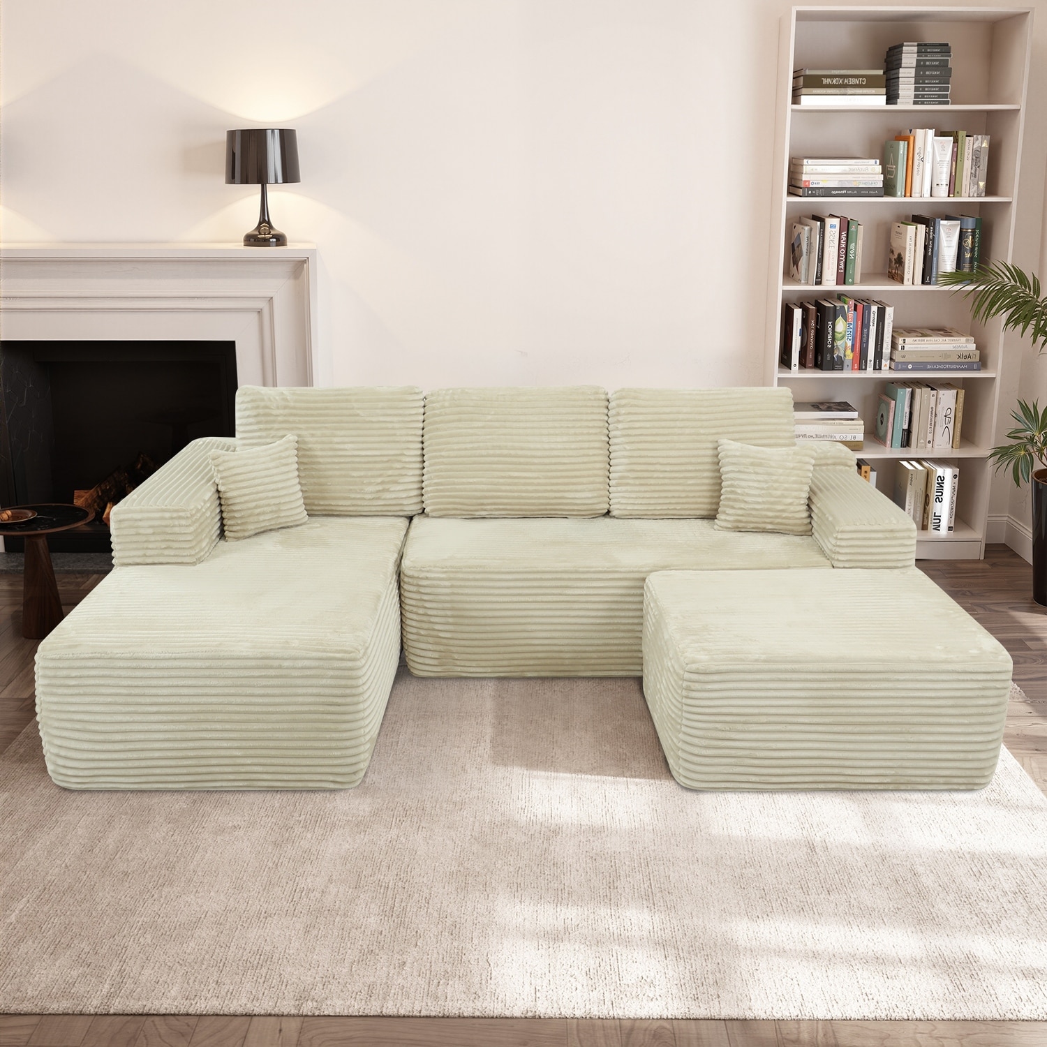 U-Shaped Sectional Couch Boneless Corduroy Couch with Chaise ‌and Ottoman‌, Upholstered Modular Lounger Sofa