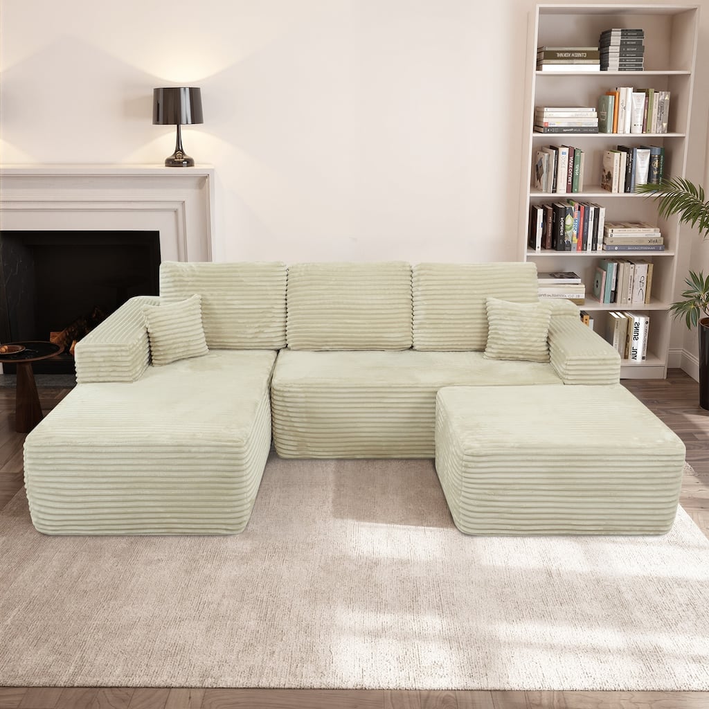 U-Shaped Sectional Couch Boneless Corduroy Couch with Chaise ‌and Ottoman‌, Upholstered Modular Lounger Sofa