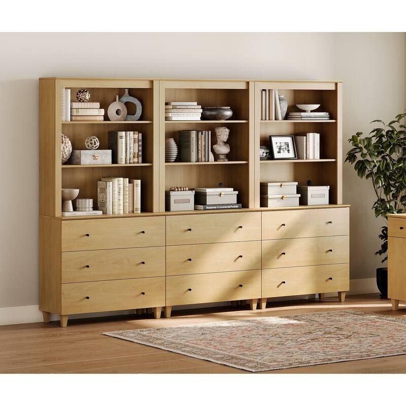 WAMPAT Modern 71" Tall Bookcase with 9 Drawers, 3 Columns 3-Tier