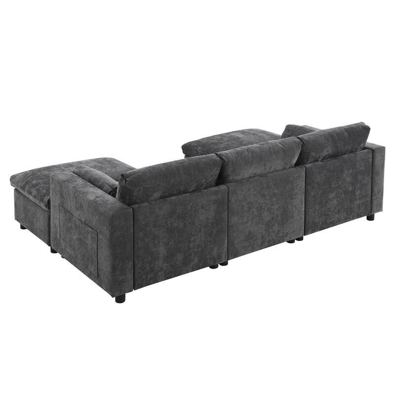 86.5" Chenille Modular Sectional Sofa with Storage Pockets, 5-Seater U-Shaped Couch Set amd 2 Movable Ottomans