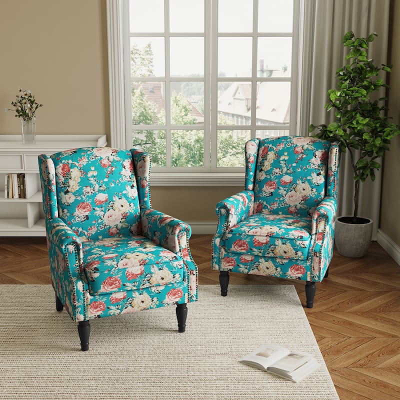2 Set Transitional Patterned Wingback Accent Chairs with NailHead