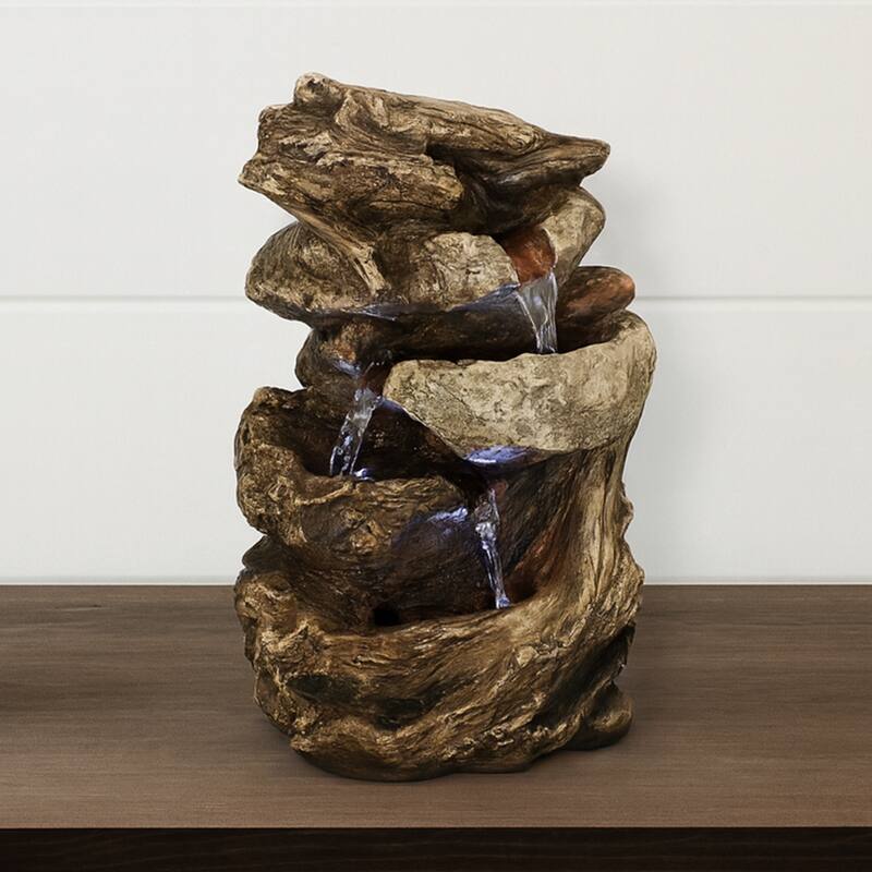 Sunnydaze Tiered Rock and Log Tabletop Fountain with LED Lights - 10.5-Inch